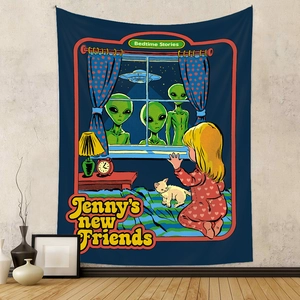 Dettaglio dell'arazzo in cartone animato vintage con design Bedtime Stories su sfondo in tessuto