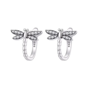 Elegant S925 sterling silver dragonfly hoop earrings with clear crystal butterfly wings