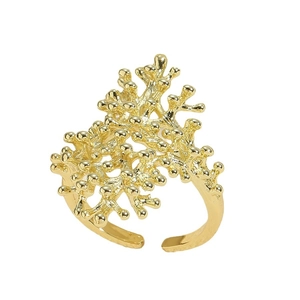 14K gold plated coral branch open ring with woven sphere design and adjustable fit