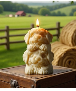 Detalle de figuras de cachorros de cera apiladas con textura de pelo en caja de madera