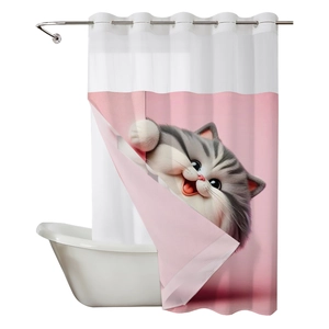Waterproof waffle shower curtain with creative 3D grey tabby cat peeking out design
