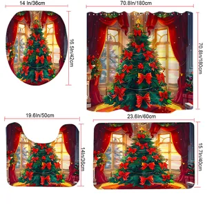 Detailed size specifications for 4-piece Christmas shower curtain and bath mat set