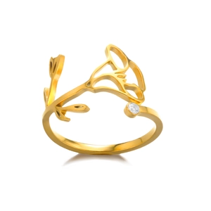Adjustable gold stainless steel ring with hollow hummingbird design and clear cubic zirconia