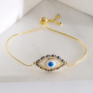 Bohemian gold-plated evil eye bracelet with sparkling zircons and adjustable slider