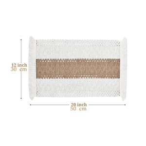 Nordic woven cotton placemat with white and brown patchwork and fringe 50x30cm