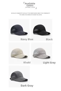 Detail of breathable quick-dry mesh baseball caps in navy, black, khaki, and grey colors