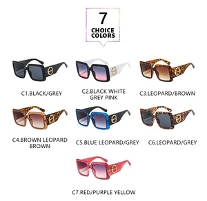 Matrix display of square oversized sunglasses in seven diverse colors on white background