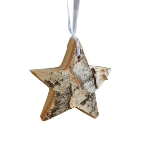 Nordic wooden star ornament made of natural birch bark with white hanging ribbon for Christmas