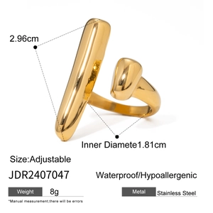 Detailed dimensions of gold stainless steel adjustable ring with weight and size info