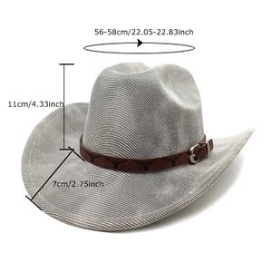 Grey woven western cowboy hat with brown leather strap and bull head buckle 56-58cm