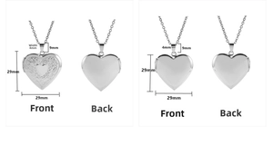 Detail of silver heart locket showing front and back views with 29mm dimensions