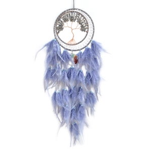 Handmade Tree of Life dream catcher with grey crystals and light blue feathers decor