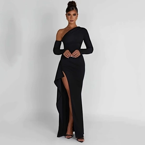 Detail of elegant black one-shoulder dress with high side slit and long sleeve design