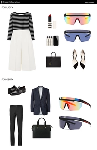 Flat lay of oversized sports sunglasses for lady and gent with stylish fashion outfits