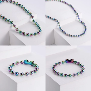 Rainbow Stainless Steel Round Bead Chain Necklace And Bracelet Hip Hop Punk Style For Men Women Electroplated Colorful