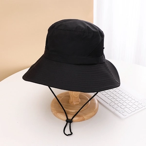 Detail of black wide brim sun hat showing breathable mesh panels and adjustable chin cord