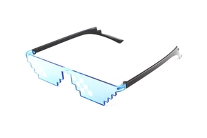 Detail of pixel sunglasses with blue translucent lenses and 8-bit jagged black frames