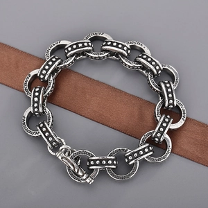 Retro silver link chain bracelet for men in stainless steel with textured circle links