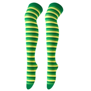 Detail of green and yellow striped over-knee socks with knitted texture for St. Patrick’s Day