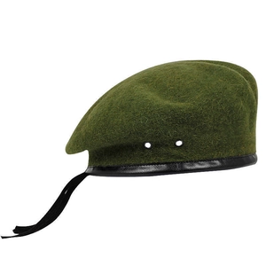 Classic green wool beret hat with black leather trim and ribbon detail on white background