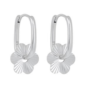 Elegant S925 sterling silver hoop earrings with textured flower pendants on white background