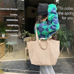Brown plaid canvas tote bag for women showing large capacity and minimalist casual design
