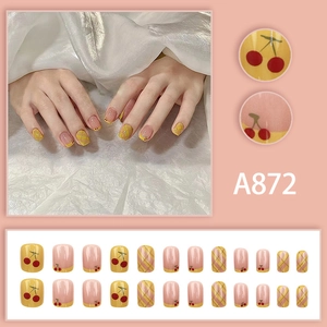French cherry and plaid press-on nails set with yellow and nude pink glossy finish