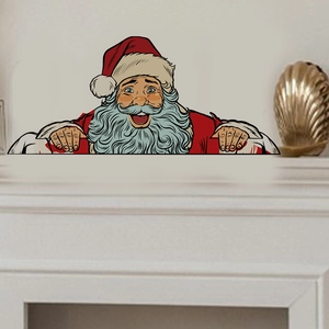 Cartoon Santa Claus wall sticker decorating a white fireplace in a cozy home setting