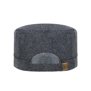 Rear view of dark grey wool blend flat top military cap with golden metal buckle
