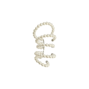 French vintage multi-layer pearl ear cuff with silver spiral design on white background
