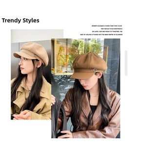 Detail of wool octagonal newsboy hats in beige and brown with metal ring buckles