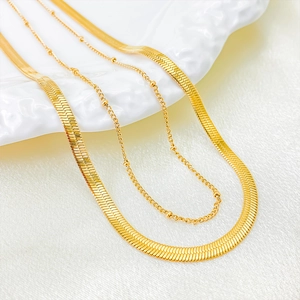 Double-layered 18k gold plated stainless steel herringbone and satellite chain set