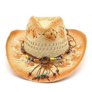Hollow straw cowboy hat with colorful beads and shell trim for beach vacation