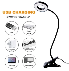 Detailed diagram showing five USB power supply options for the black clip-on LED desk lamp