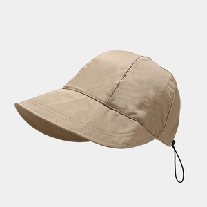 Detail view of khaki sun hat featuring breathable quick-dry fabric and adjustable drawcord
