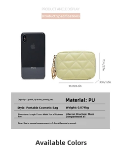 Detailed view of the lime green quilted cosmetic pouch next to a smartphone for size comparison
