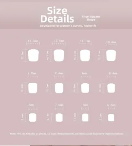 Size chart showing 12 different dimensions for French short square press on nails set