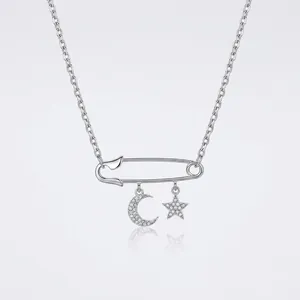 925 Sterling Silver Safety Pin Necklace With Moon And Star Cubic Zirconia Pendants Sparkly Fashion Jewelry For Women