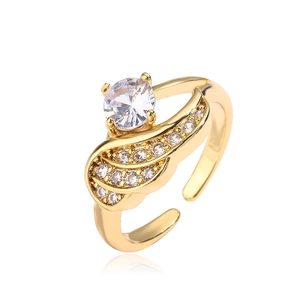 Gold plated wing ring with sparkling round zircon stone and adjustable open band design