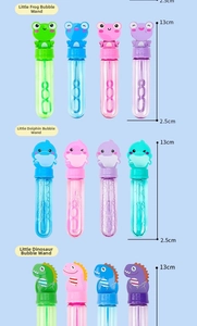 Detailed size view of 14cm mini bubble sticks featuring frog, dolphin and dinosaur handles