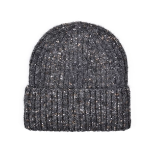 Detailed knit texture of dark grey winter beanie hat with colorful speckled yarn