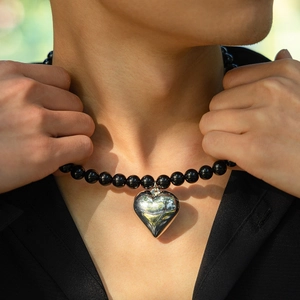 Men's black beaded necklace with silver heart pendant hip hop style accessory