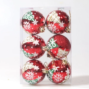 Set of 6 red Christmas ball ornaments with hand-painted glitter snowflakes and gold strings