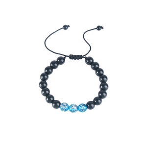 Detailed view of adjustable beaded bracelet featuring luminous blue gold foil beads