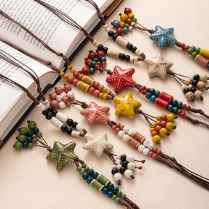 Bohemian colorful ceramic star necklaces with hand-woven rope and mixed beads