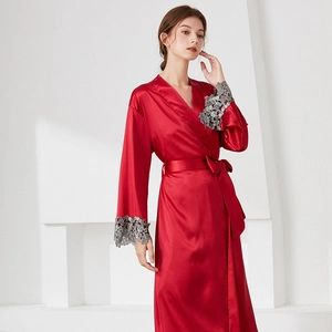 Elegant long red faux silk sleepwear robe with grey lace cuffs and waist tie for women