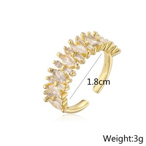 Detail view of gold geometric open ring with micro-inset zircons, size 1.8cm, weight 3g