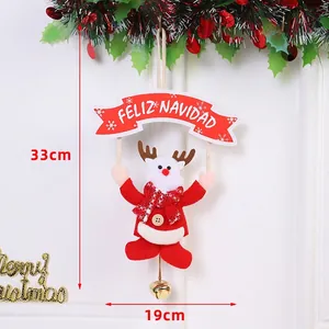 Christmas Reindeer hanging ornament with Feliz Navidad banner and golden bell 33cm