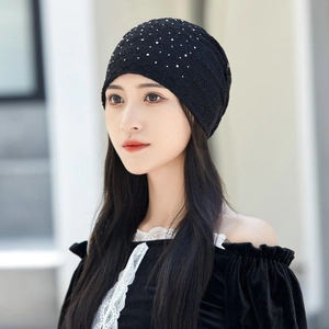 Lightweight black lace beanie for women with elegant white pearl and rhinestone accents