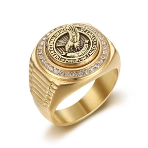 Gold plated stainless steel Philippine Eagles ring with crystal bezel and eagle relief